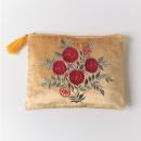 ベロア×刺繍フラットポーチ マスタード 花柄 雑貨 小物 コスメ 幅26.5 通販