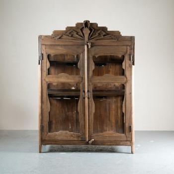 キャビネット アンティーク家具 棚 ガラス 木製 3段 本棚 チーク 重厚感 おしゃれ 高さ160