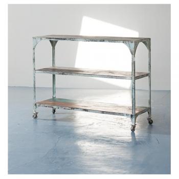 シェルフ アンティーク家具 棚 ワイド シャビー ヴィンテージ調 スチール グリーン キャスター