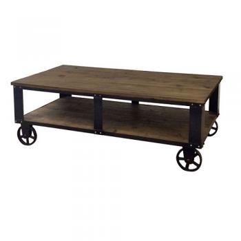 コーヒーテーブル車輪付 アンティーク調家具 古材 スチール モミの木 ブラウン 木製 幅130