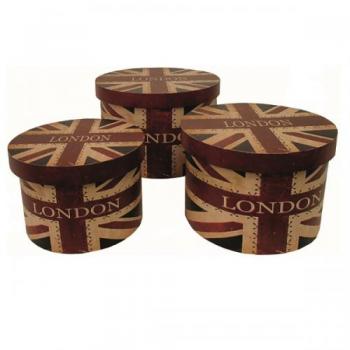 ユニオンジャック円型ケース 3個セット アンティーク調 収納ケース レッド 直径20.5~27.5