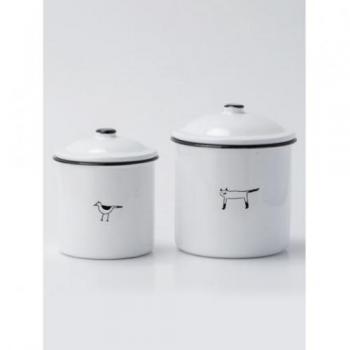 ねこ&とりキャニスターセット ホワイト キッチン用品 かわいい ホウロウ 直径110～130