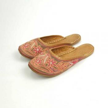 レザースリッパ チェーンステッチ エンブロイダリー KH カーキ 民族的 かわいい フリー 26cm