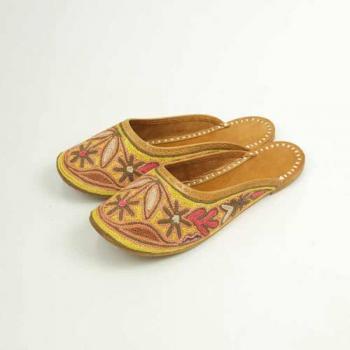 レザースリッパ チェーンステッチ エンブロイダリー YL イエロー民族的 かわいい フリー 26cm